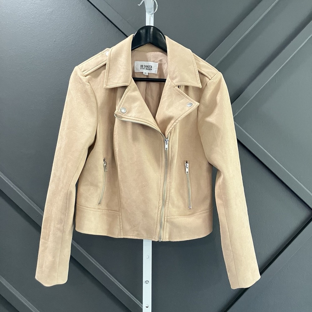 BB Dakota Steve Madden Faux Suede Moto Jacket Beige Zip Size Medium